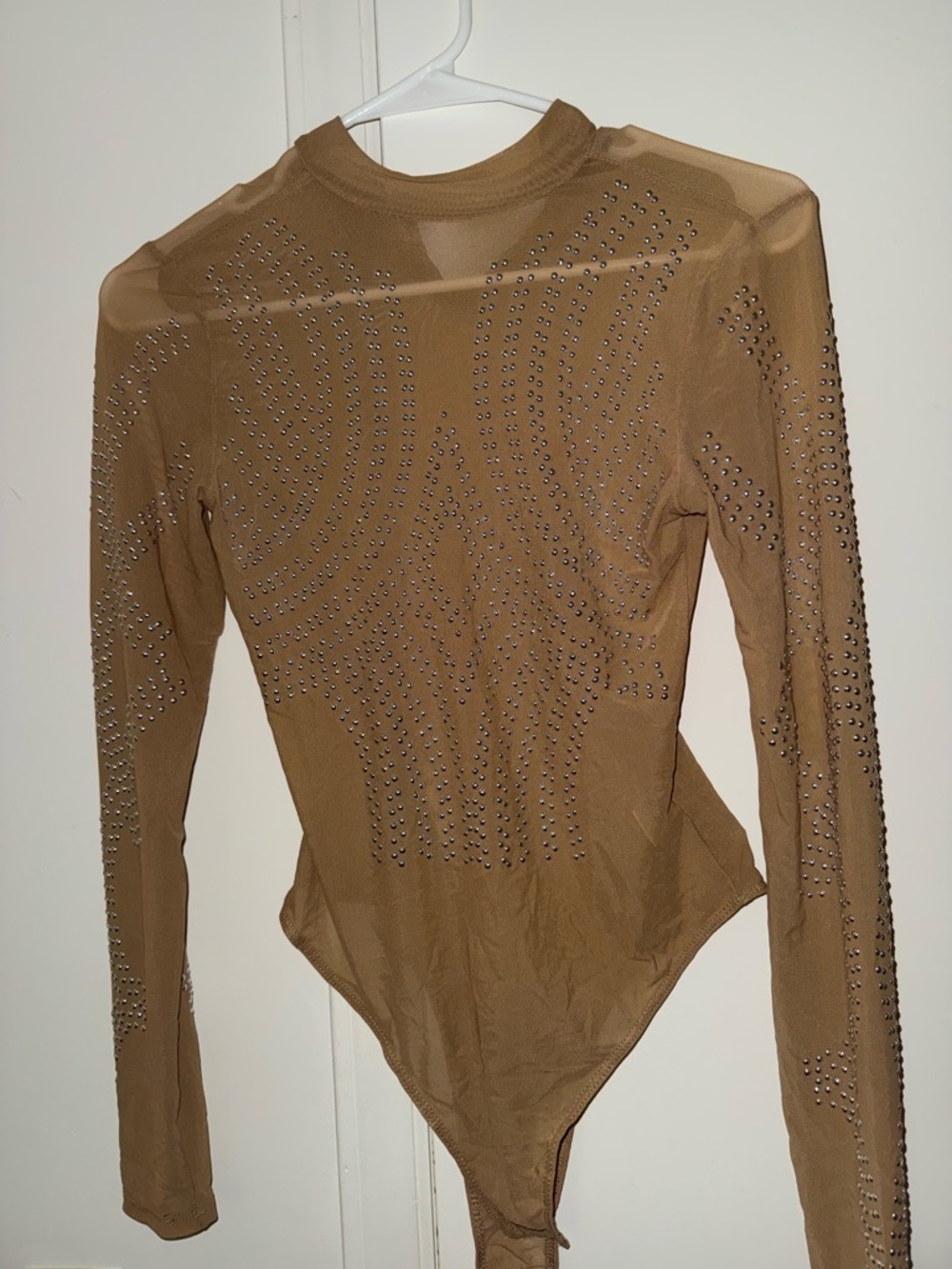 iris Brown Studded Long-Sleeve Sheer Bodysuit